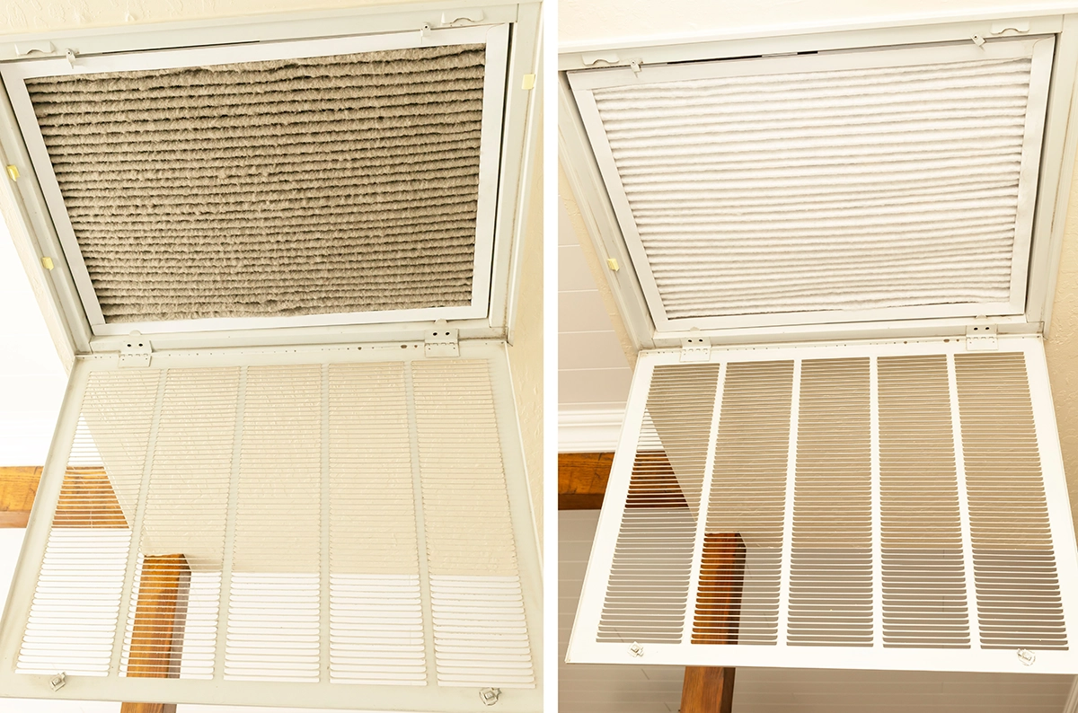 Side-by-side dirty and clean HVAC filters during troubleshooting when an AC is not cooling the house