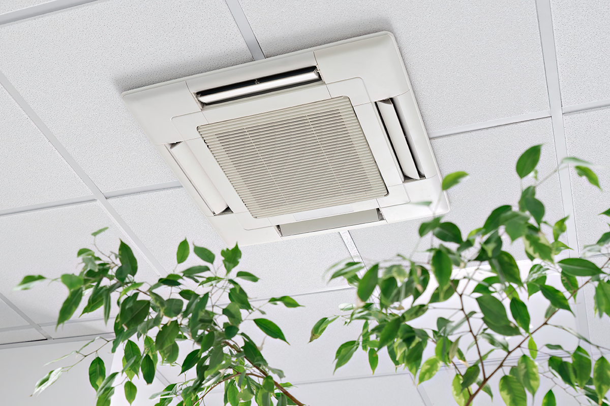 commercial air purifier system connected to ceiling HVAC unit in business space